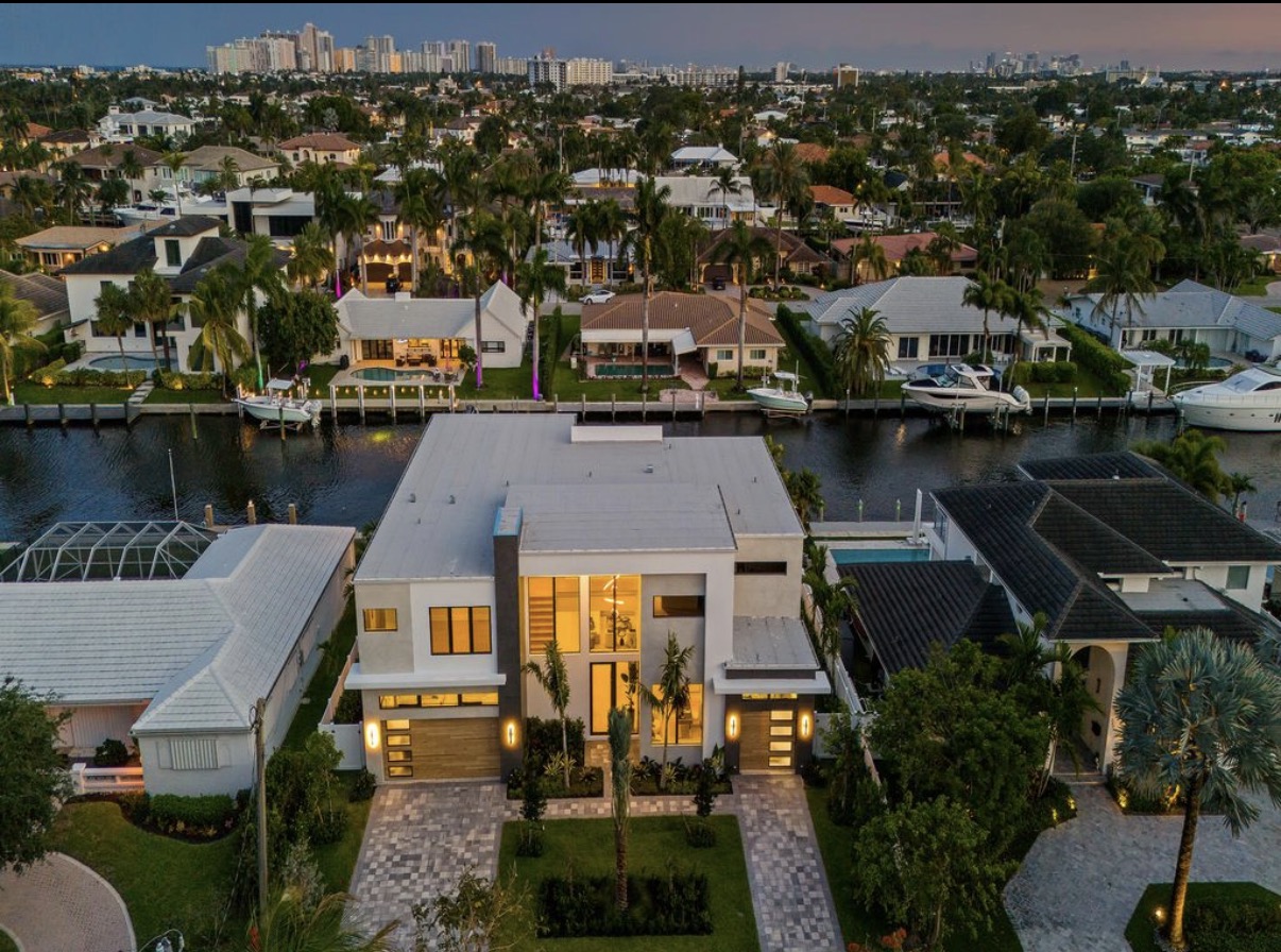 Aerial view of an MRH DEVELOPMENT waterfront residence in South Florida